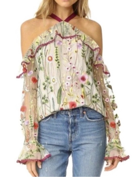 Alexis Tops - Alexis Floral Embroidered Cold-Shoulder Top in Cream